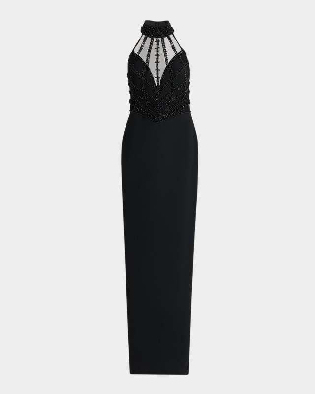 Embroidered Crepe Halter Illusion Gown